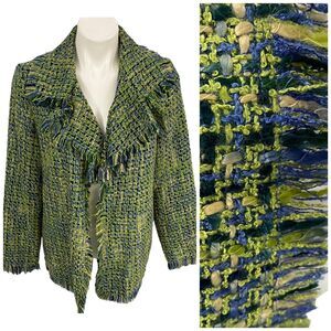 Dialogue Blazer Womens Medium Green Tweed Jacket Old Money Office Fringe Career